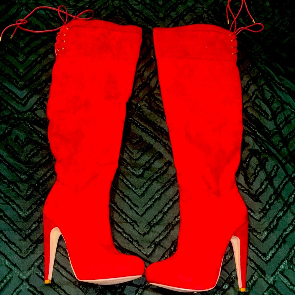 Red Suede Knee High Boots